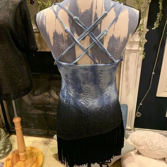 Free People light blue tie dye to ombre black lace cami with fringe accents 2 - Picture 15 of 16